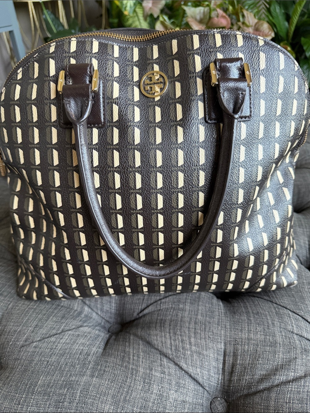 Tory Burch Black and Cream Patterned Dome Tote